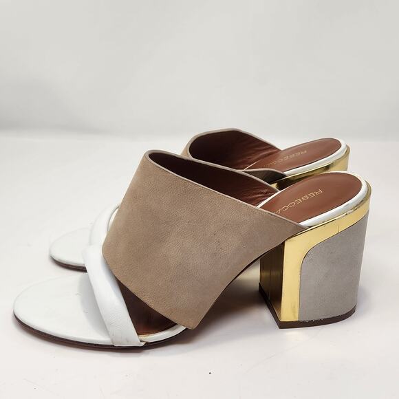 Rebecca Minkoff White Brown Metallic Leather Suede Mule Sandals Heels Size 7 M - Picture 5 of 11